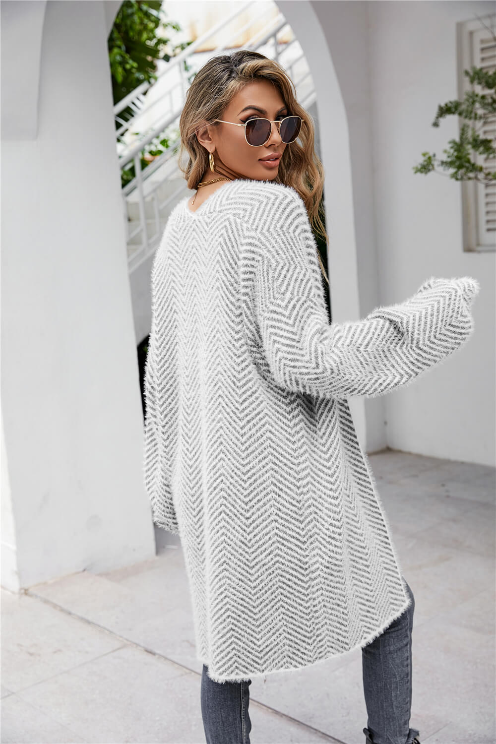 Angel Wings Herringbone Pattern Open Front Longline Fuzzy Cardigan