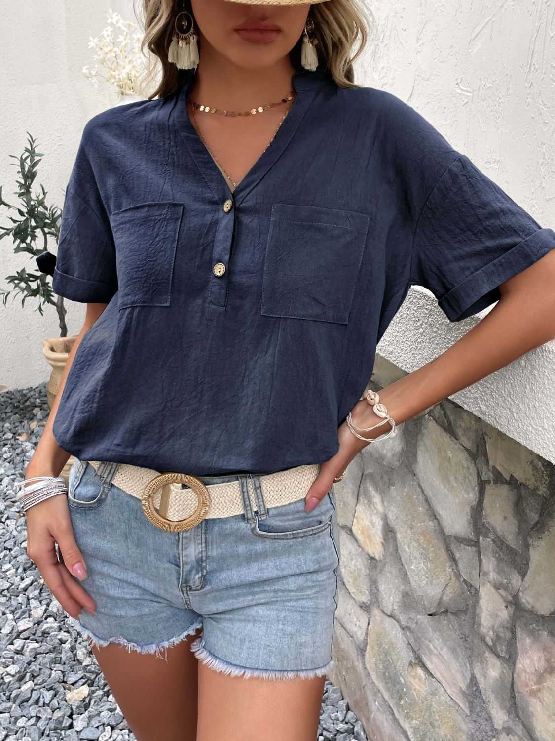 Perfee Buttoned Notched Neck Cuffed Sleeve Blouse 100100356421132 31 Affordable Fashion Under $100 Jerry's Apparel 