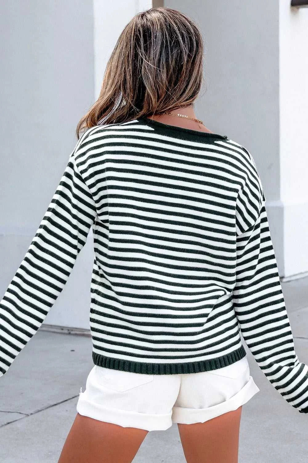 Striped Button Placket Drop Shoulder Long Sleeve Sweater 100100966141645 48 Women's Sweaters and Knitwear Jerry's Apparel 