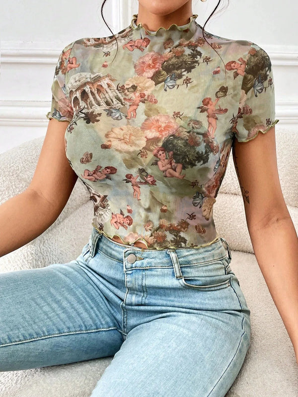 Abstract Print Ruffled Mock Neck Crop T-Shirt