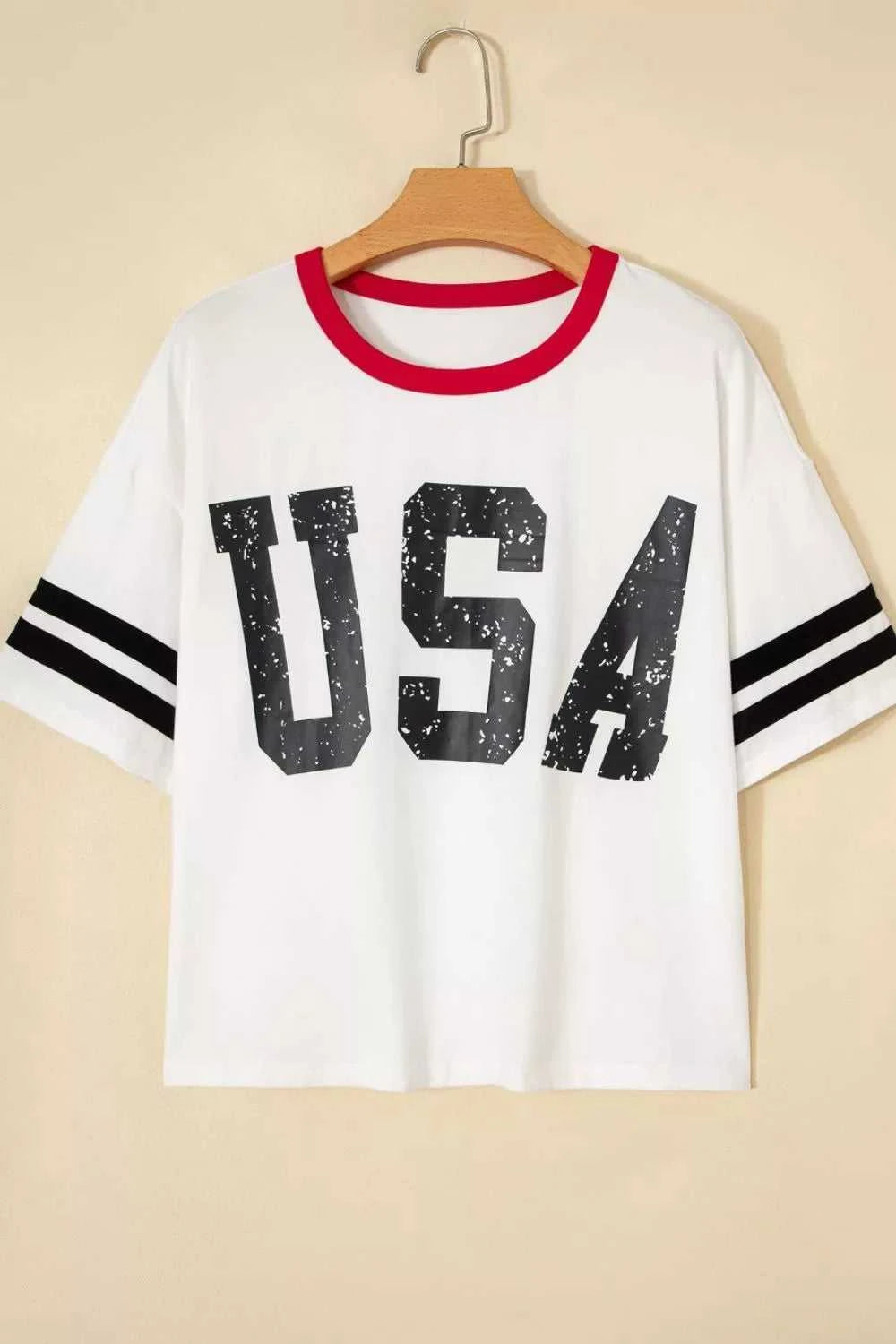 USA Letter Printed Varsity Striped Sleeve Round Neck Tee 100100104949167 30 Affordable Fashion Under $100 Jerry's Apparel 