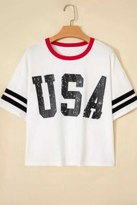 USA Letter Printed Varsity Striped Sleeve Round Neck Tee 100100104949167 30 Affordable Fashion Under $100 Jerry's Apparel 