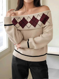 Off-Shoulder Argyle Pattern Sweater 100100066394324 44 Affordable Fashion Under $100 Jerry's Apparel 