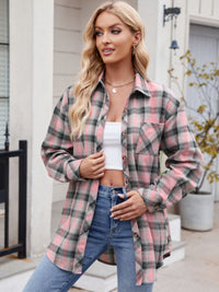 Pocketed Plaid Collared Neck Long Sleeve Shirt