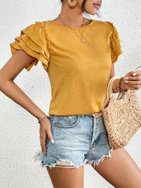 Ruffle Sleeve Round Neck T-Shirt