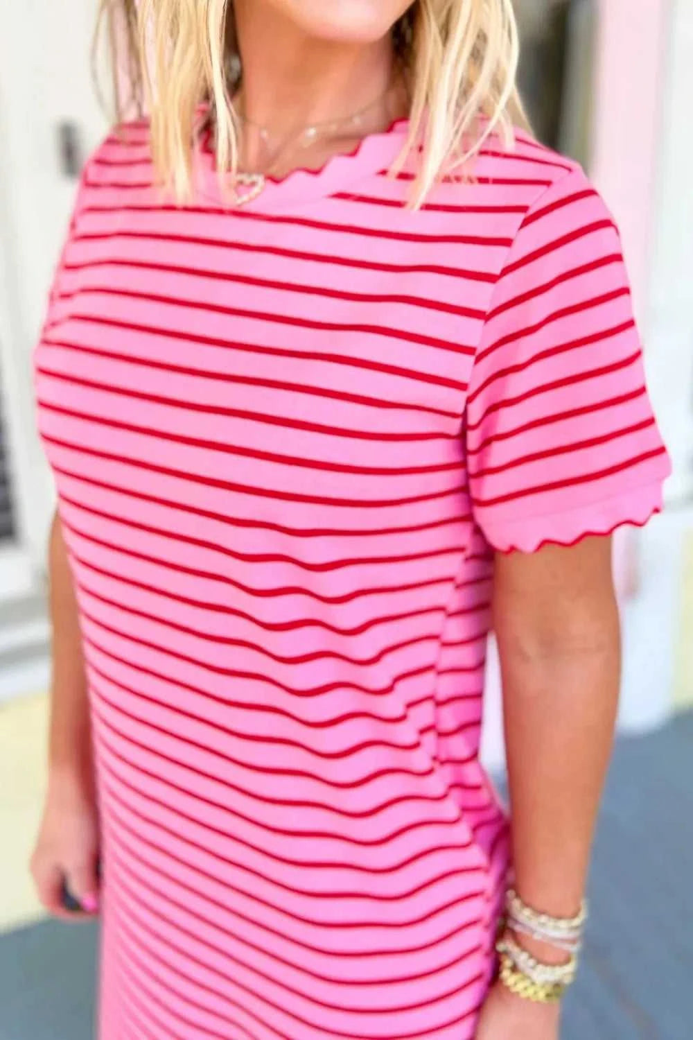 Stripe Striped Short Sleeve Scalloped Trim Side Slit Maxi Tee Dress 100100105587816 43 Affordable Fashion Under $100 Jerry's Apparel 