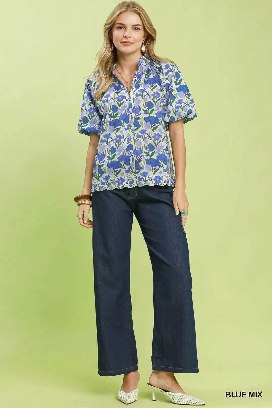 Umgee Floral Puff Sleeve Blouse with Scalloped Details 100100467791063 53 Affordable Fashion Under $100 Jerry's Apparel 