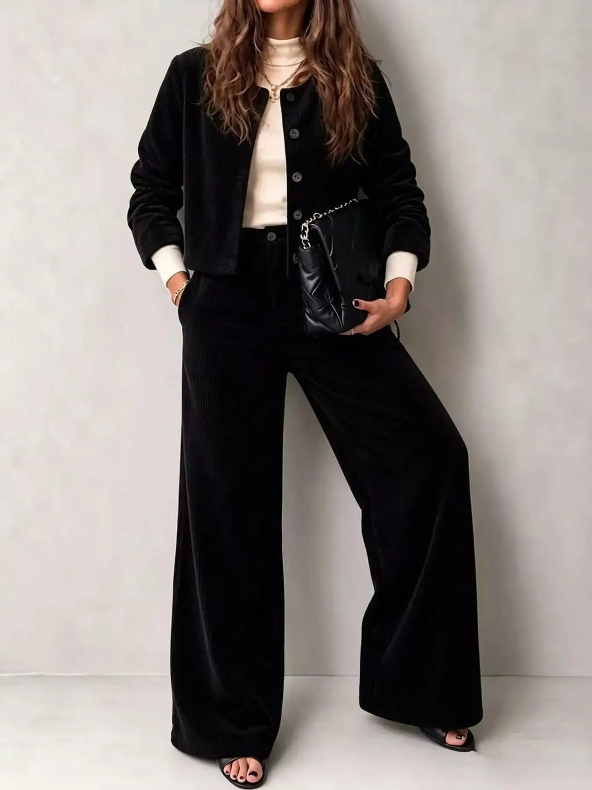 Full Size Corduroy Button-Down Jacket and Wide-Leg Pants Two-Piece Set Plus Size 101001217256067 73 Women's Pants Set Gifts for Her Jerry's Apparel 