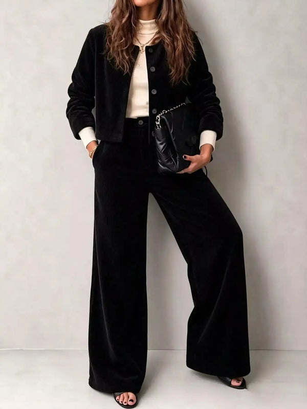Full Size Corduroy Button-Down Jacket and Wide-Leg Pants Two-Piece Set Plus Size 101001217256067 73 Women's Pants Set Gifts for Her Jerry's Apparel 