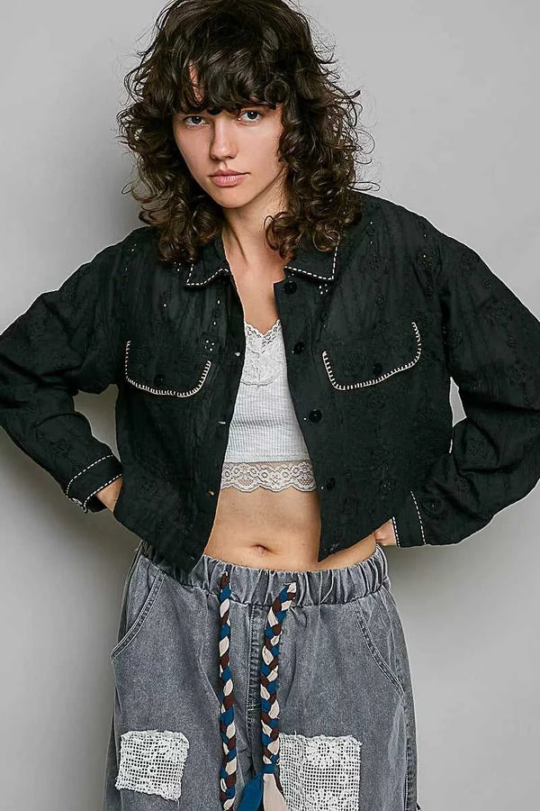 POL Cropped Button-Front Eyelet Cotton Jacket 100100292951676 66 Jerry's Apparel 