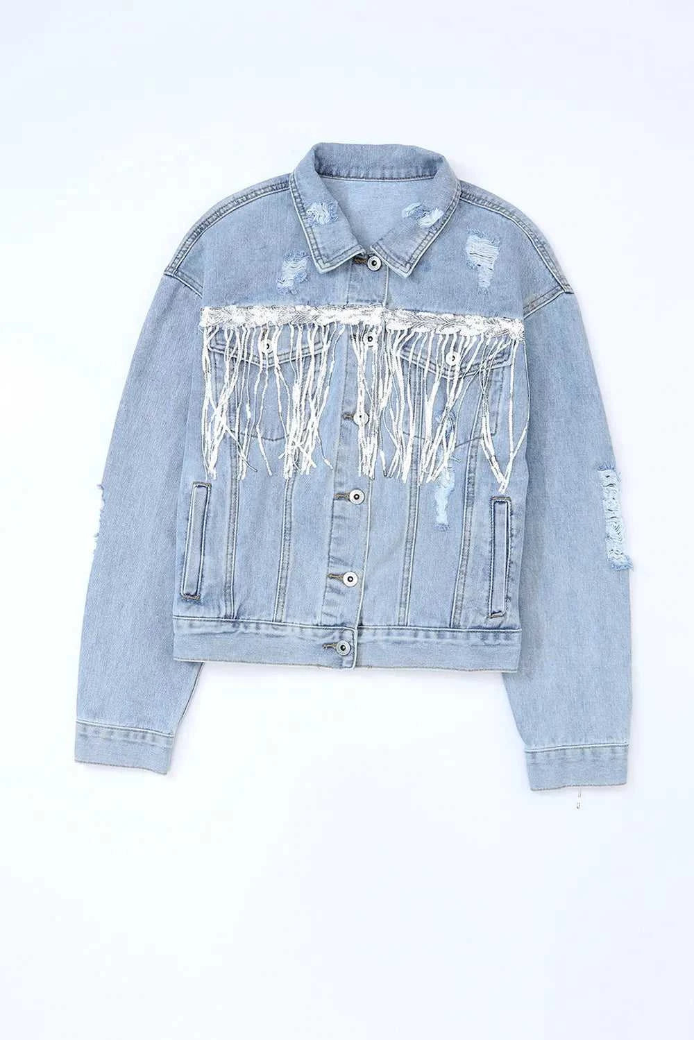 Sequin Fringe Trim Distressed Button Up Denim Jacket 100100307792425 101 Birthday Outfit Ideas Jerry's Apparel 
