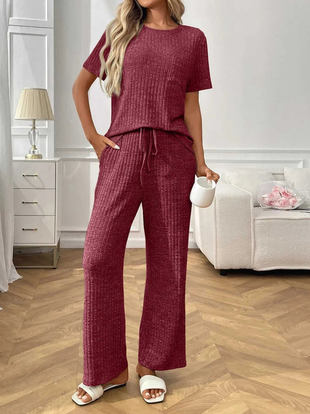 Ribbed Knit Short Sleeve Top and Pants Lounge Set 100100838010625 40 Affordable Fashion Under $100 Jerry's Apparel 