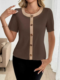 Decor Button Round Neck Short Sleeve Blouse 100100012421763 27 Affordable Fashion Under $100 Jerry's Apparel 