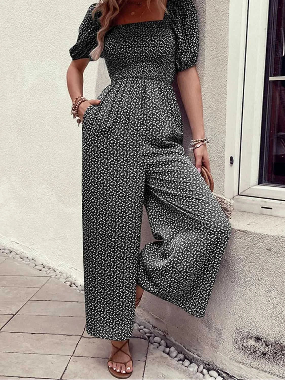 Printed Square Neck Puff Sleeve Jumpsuit 100100619721006 31 Affordable Fashion Under $100 Jerry's Apparel 