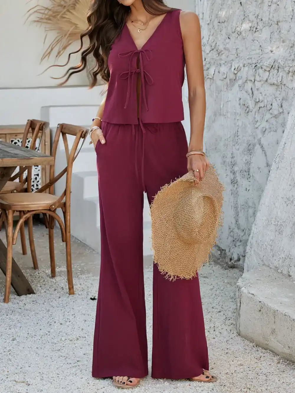 Devine Tied V-Neck Sleeveless Top and Pants Set 100100787639337 58 Gifts for Her Jerry's Apparel 