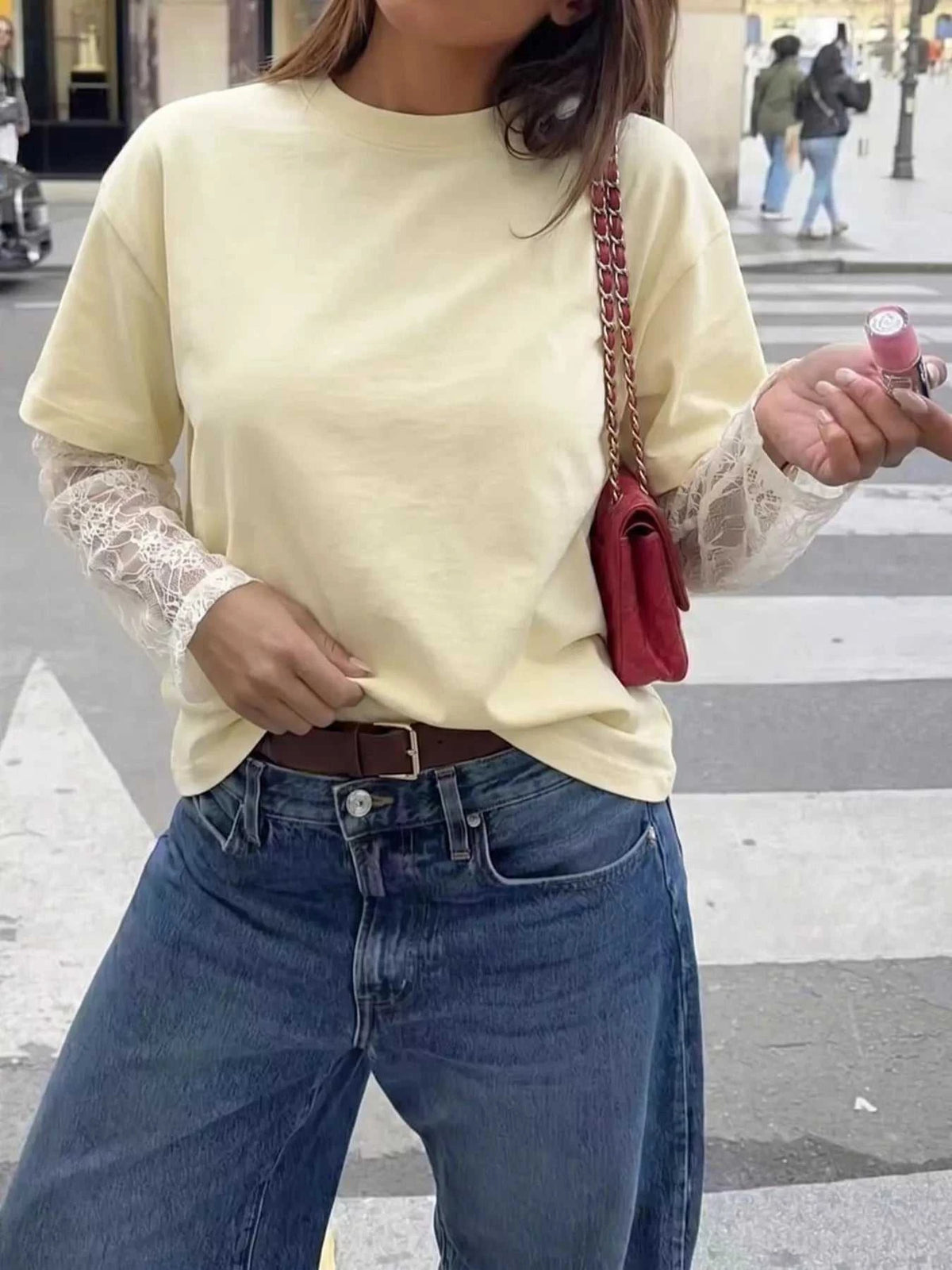 Lace Sleeve Round Neck T-Shirt 100100187372675 35 Affordable Fashion Under $100 Jerry's Apparel 