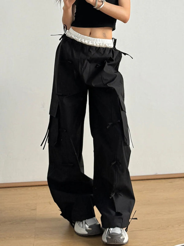 Bow Elastic Waist Cargo Pants