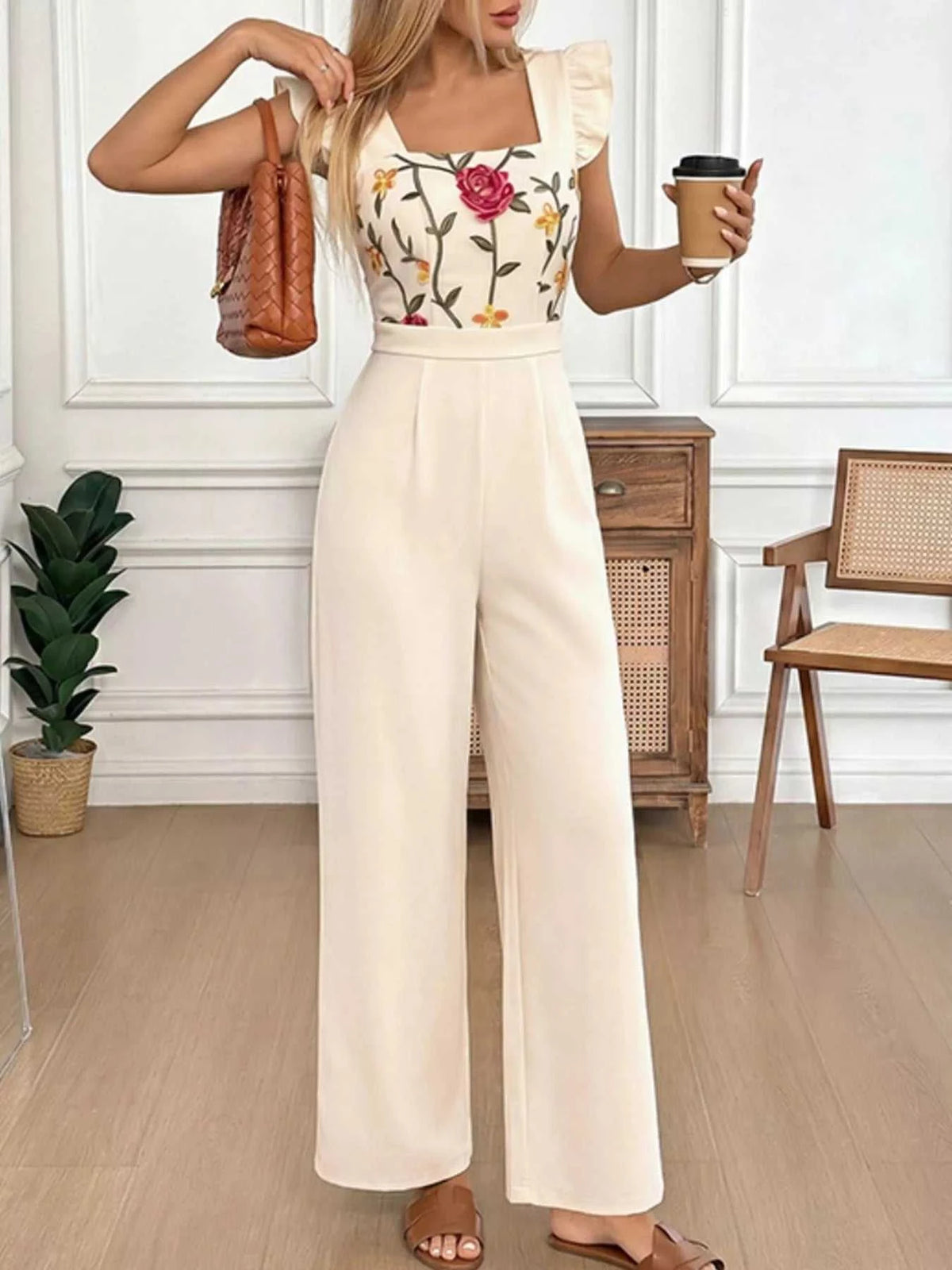 Floral Embroidered Ruffle Trim Jumpsuit 100100569039389 49 Affordable Fashion Under $100 Jerry's Apparel 