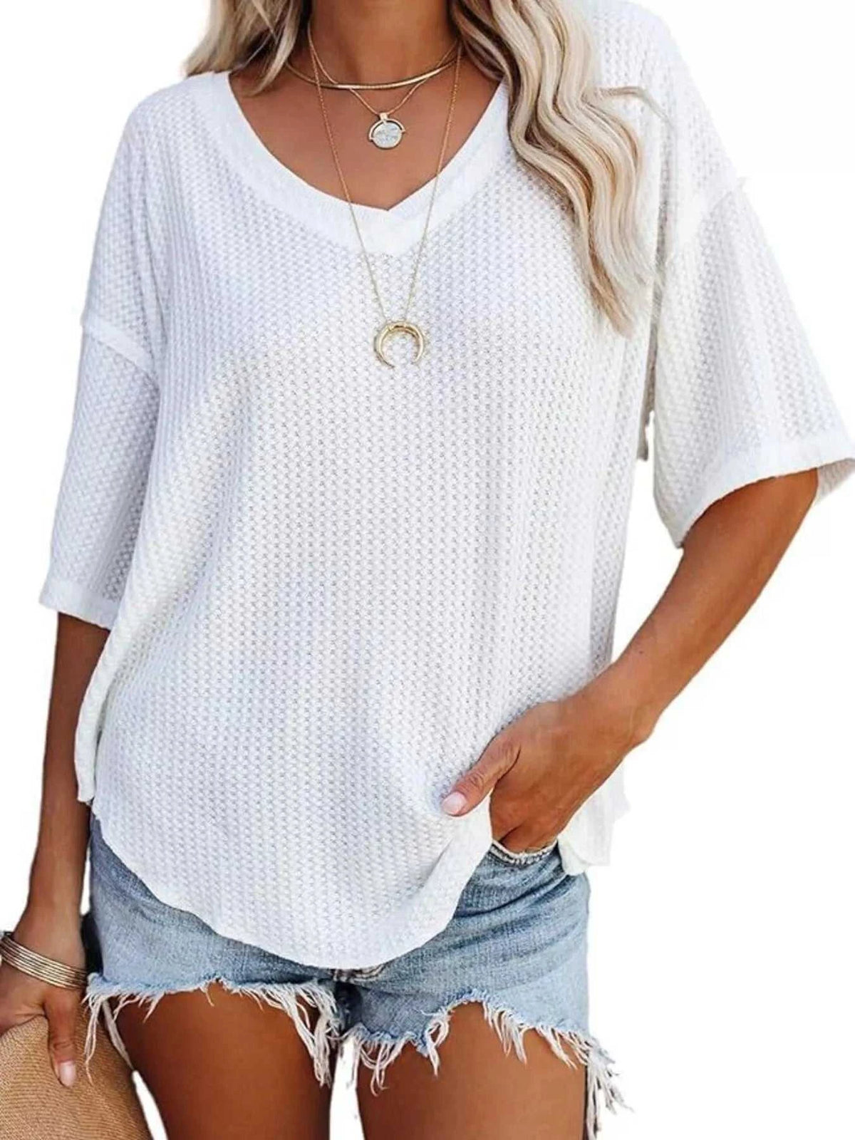 Waffle Knit V-Neck Short Sleeve T-Shirt 100100993990875 26 Affordable Fashion Under $100 Jerry's Apparel 