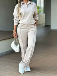 Polo Collar Long Sleeve Top and Straight Leg Pants Set 101001211007031 81 Affordable Fashion Under $100 Jerry's Apparel 