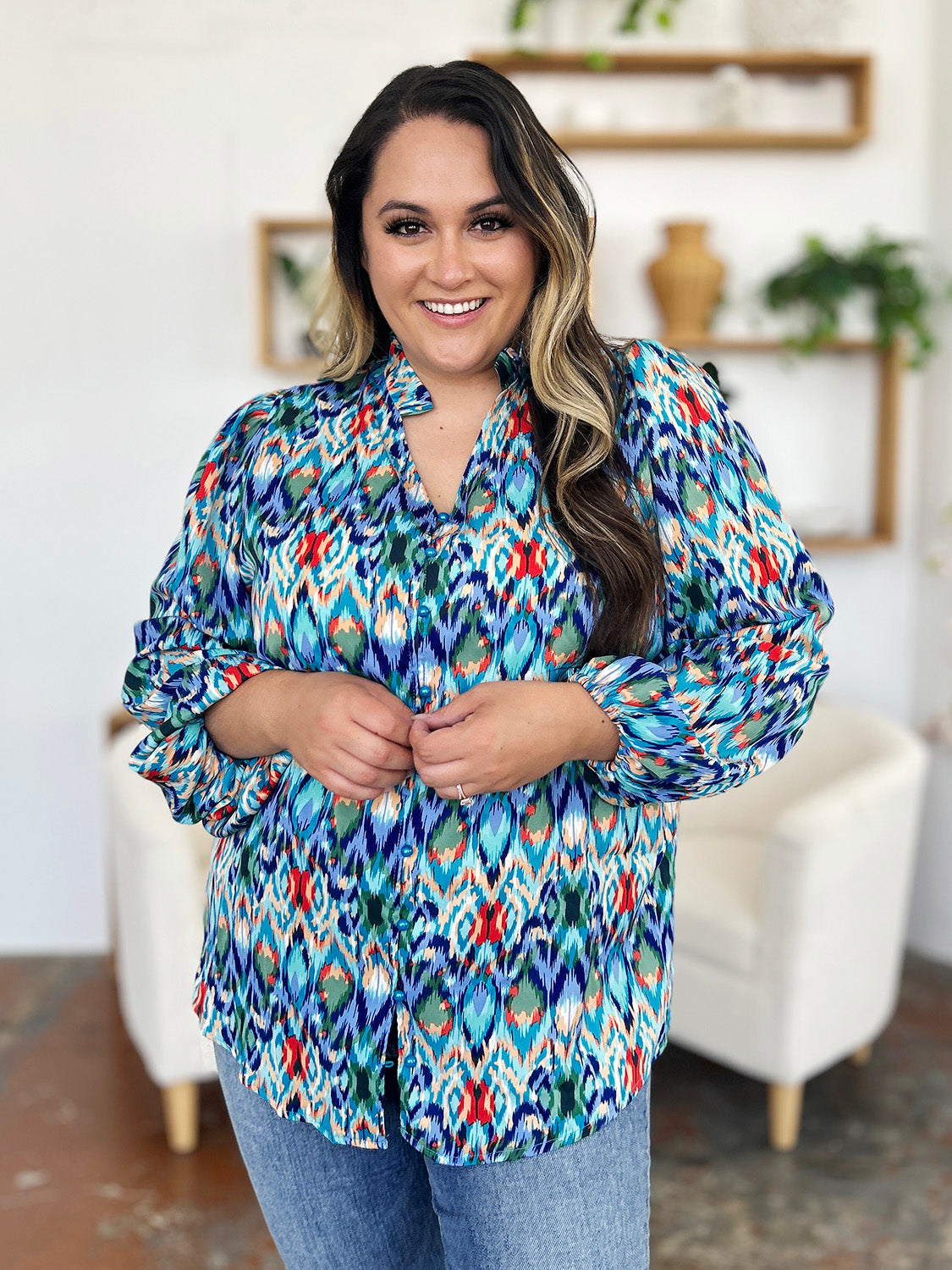 Full Size Printed Balloon Sleeve Blouse