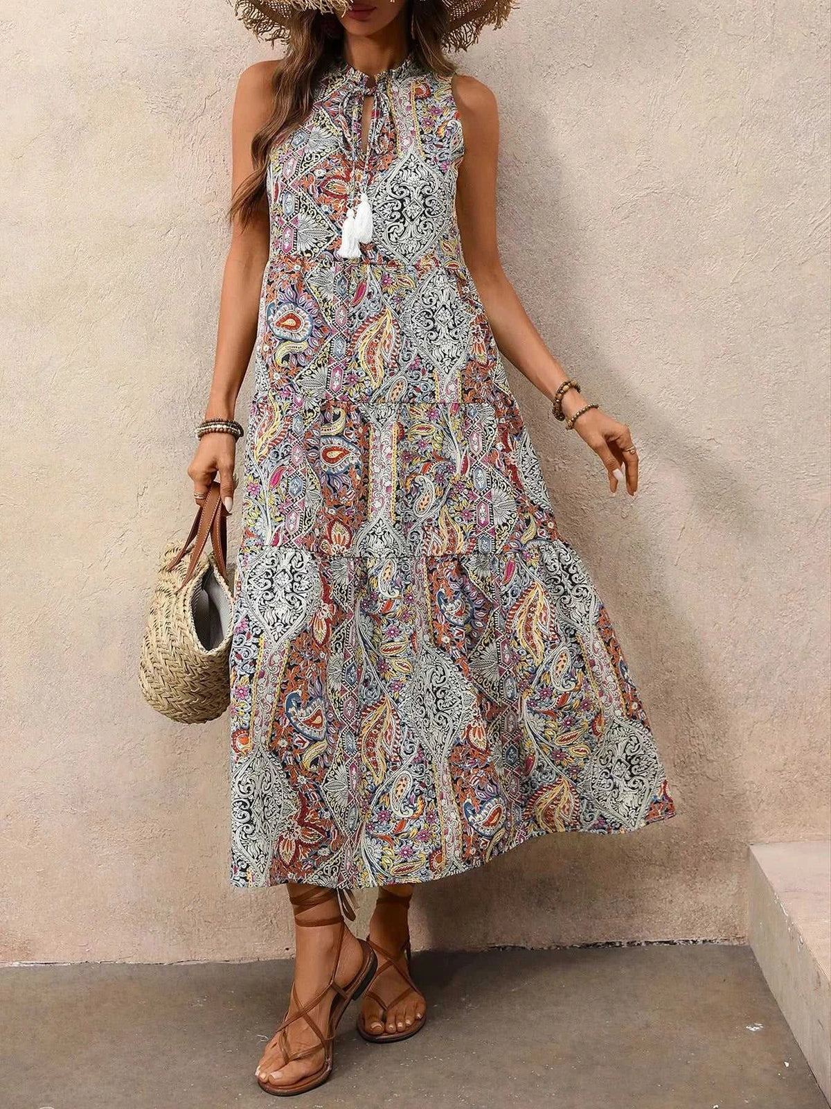 Paisley Print Tie Neck Sleeveless Midi Dress 100100431959174 36 Affordable Fashion Under $100 Jerry's Apparel 