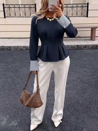 Round Neck Peplum Top with Striped Cuffs 100100734963918 45 Affordable Fashion Under $100 Jerry's Apparel 