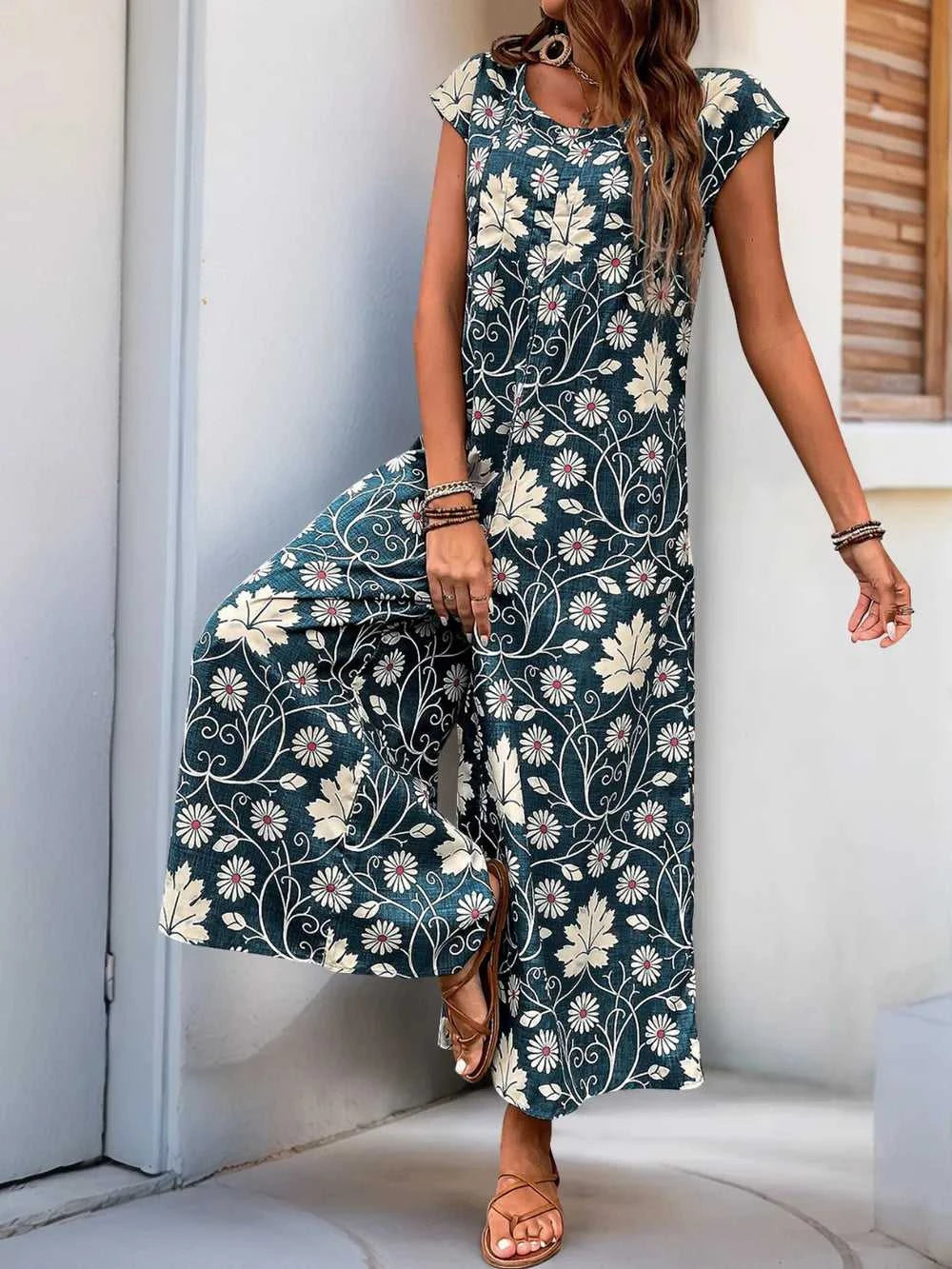 Perfee Printed Round Neck Cap Sleeve Wide Leg Jumpsuit 100100380311019 31 Affordable Fashion Under $100 Jerry's Apparel 