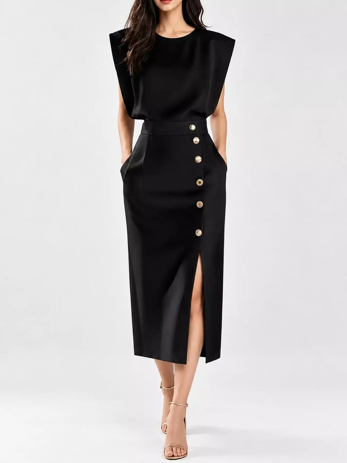 Sleeveless Midi Dress with Gold Button Detail and Side Slit 101001590890082 42 Affordable Fashion Under $100 Jerry's Apparel 