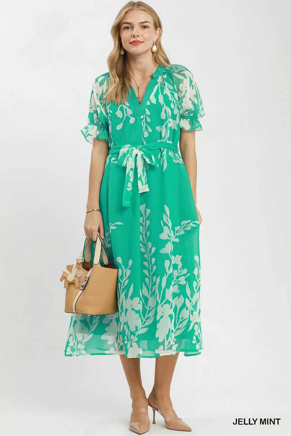 Umgee Floral Print Tie Waist Midi Dress with Side Pockets 100100669561780 66 Affordable Fashion Under $100 Jerry's Apparel 