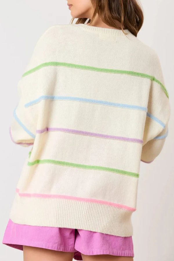 Contrast Striped Half Button Round Neck Sweater