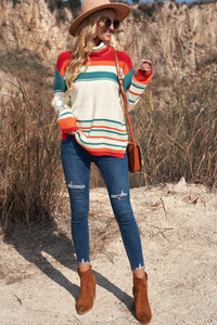 Contrast Striped Turtleneck Dropped Shoulder Sweater