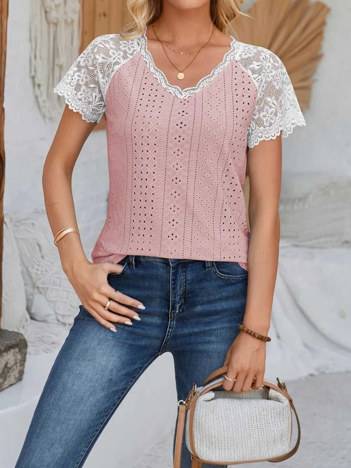 Eyelet Lace Detail V-Neck Short Sleeve Top 100100643487058 23 Affordable Fashion Under $100 Jerry's Apparel 
