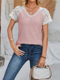 Eyelet Lace Detail V-Neck Short Sleeve Top 100100643487058 23 Affordable Fashion Under $100 Jerry's Apparel 