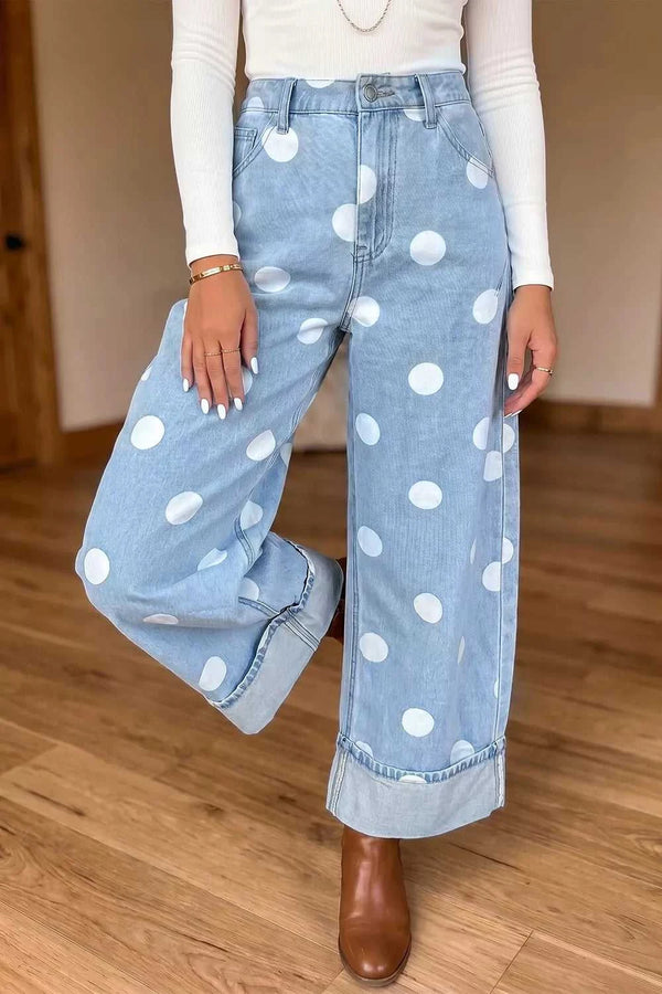 Polka Dot Ankle-Length Metal Button Casual Jeans 100100548493906 73 Affordable Fashion Under $100 Jerry's Apparel 