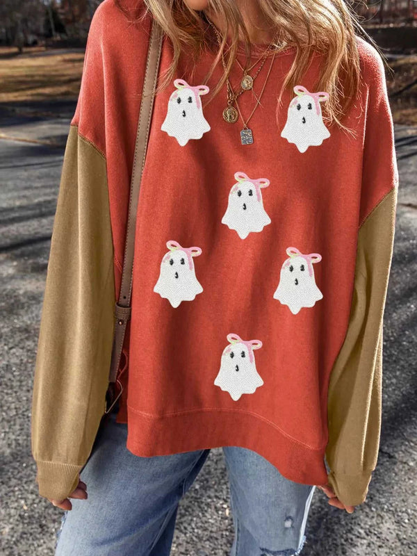 Halloween Glitter Ghost Patched Pattern Color Block Sweatshirt 100100777185728 59 Women's Holiday Apparel Jerry's Apparel 