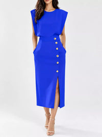 Sleeveless Midi Dress with Gold Button Detail and Side Slit 101001590890082 42 Affordable Fashion Under $100 Jerry's Apparel 