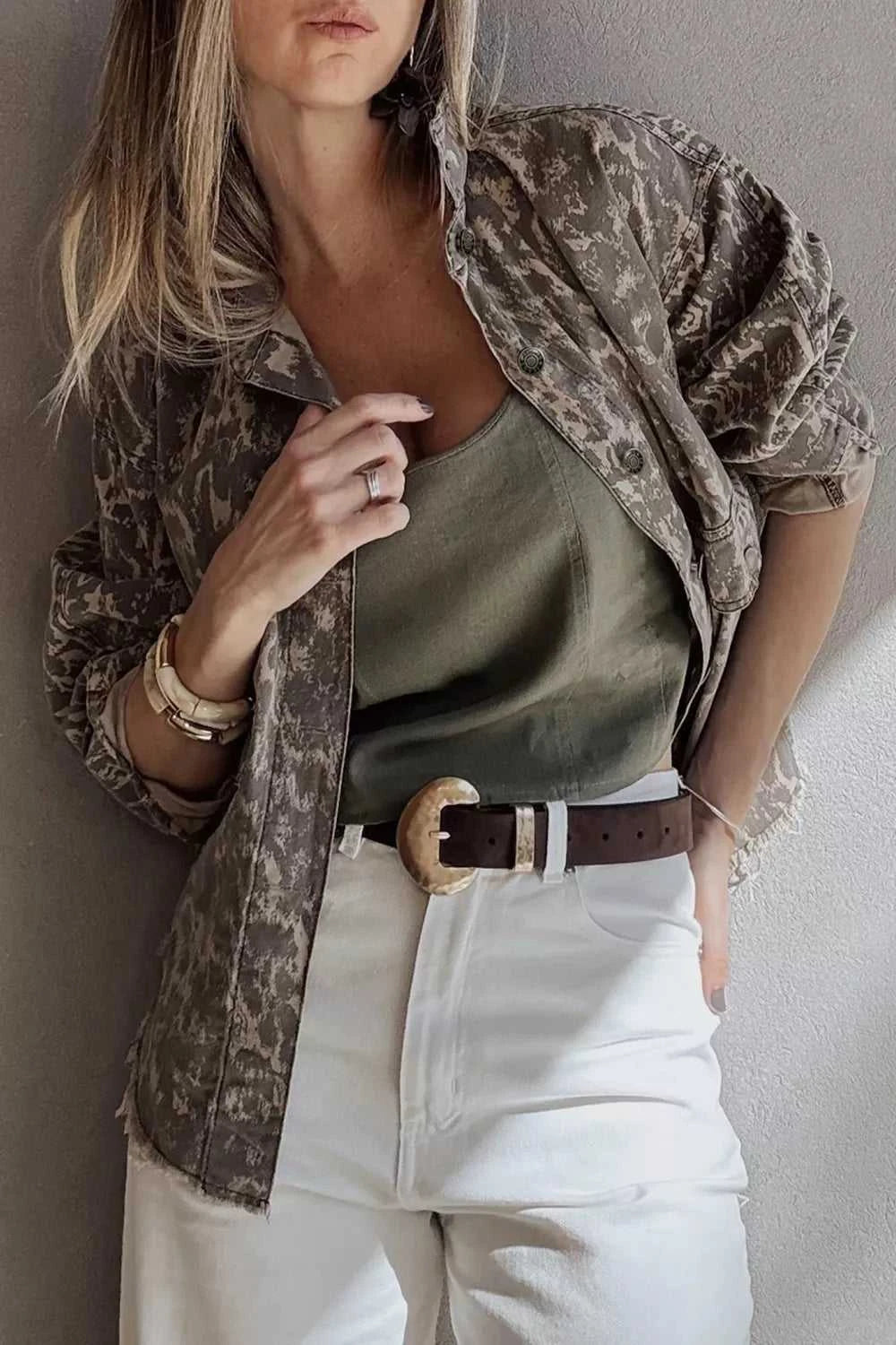 Abstract Print Long Sleeve Collar Raw Hem Denim Jacket 101003437845600 105 Jerry's Apparel 