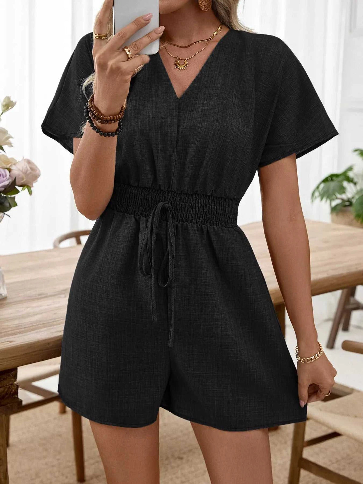 V-Neck Drawstring Waist Romper 100100584111761 32 Affordable Fashion Under $100 Jerry's Apparel 