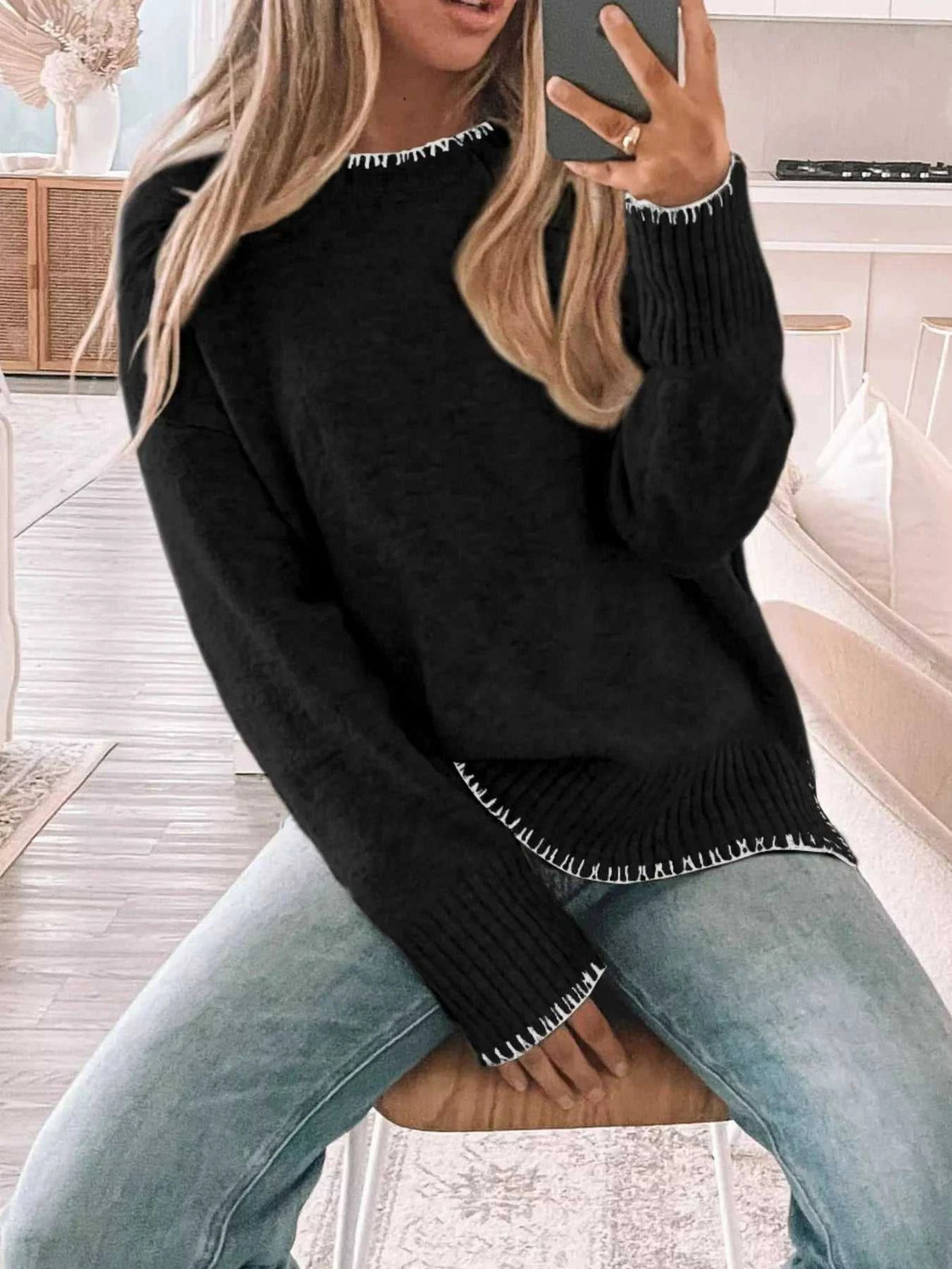 Slit Contrast Trim Round Neck Sweater 100100361481876 46 Affordable Fashion Under $100 Jerry's Apparel 