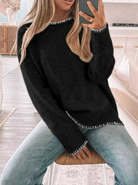 Slit Contrast Trim Round Neck Sweater 100100361481876 46 Affordable Fashion Under $100 Jerry's Apparel 