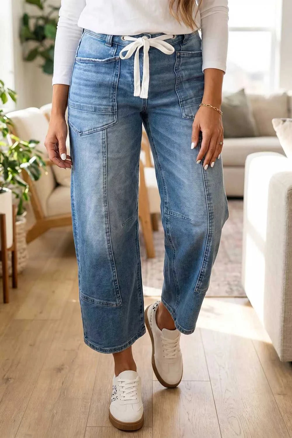 Solid Patchwork Grommet Tie Waist Loose Ankle-Length Jeans 101003318738055 74 Seasonal Fashion Collections Jerry's Apparel 