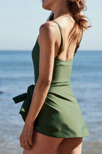 Side Tied Waist Square Neck Adjustable Straps A-line One Piece Swim Dress