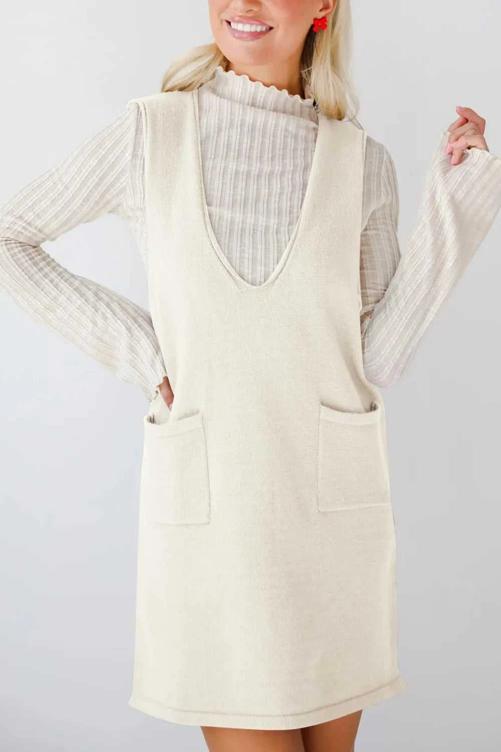 Lovelet Pocketed V-Neck Mini Sweater Overall Dress 100100741662145 42 Affordable Fashion Under $100 Jerry's Apparel 