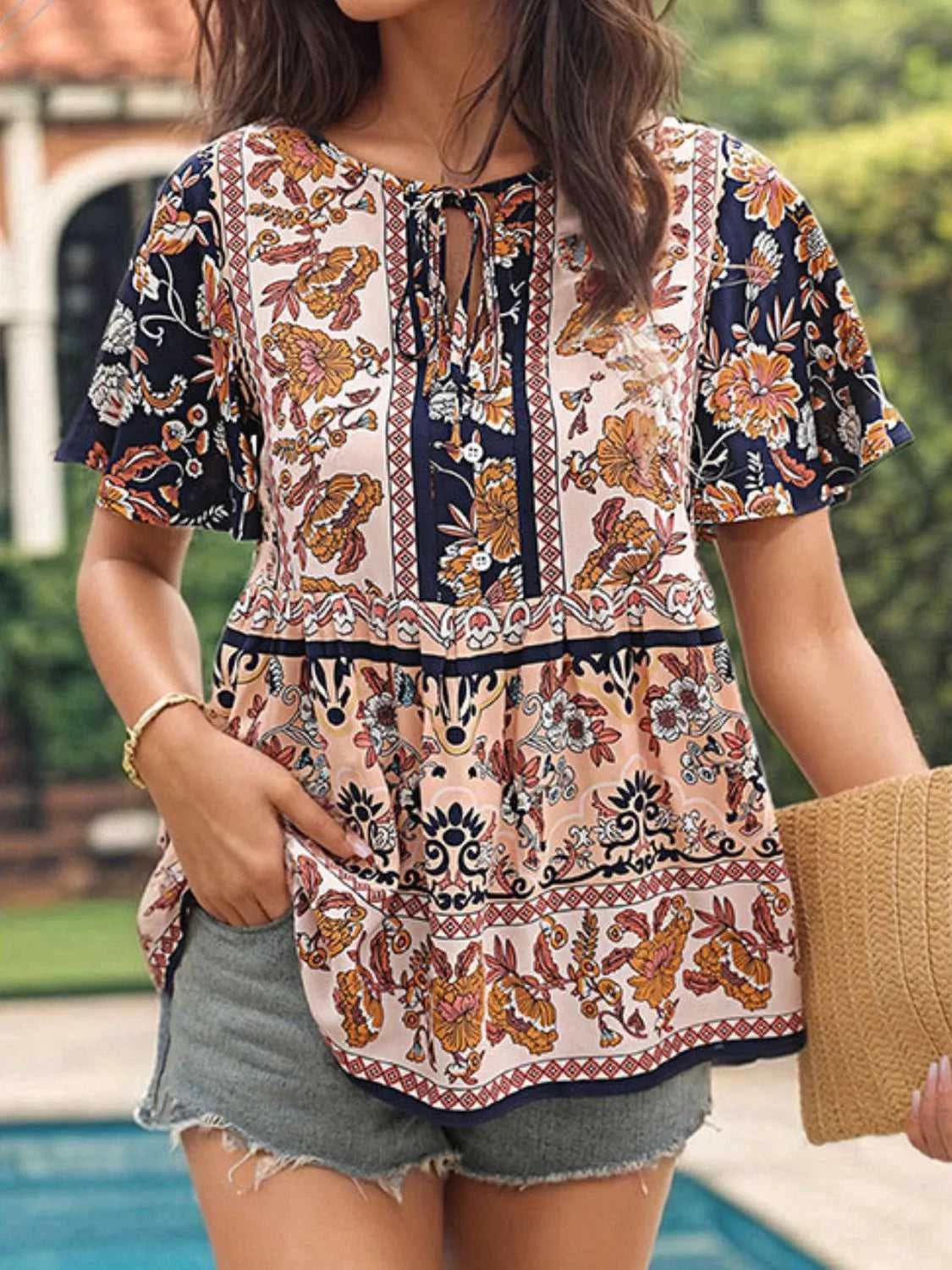 Floral Print Tie Neck Flutter Sleeve Blouse 100100839291021 32 Affordable Fashion Under $100 Jerry's Apparel 