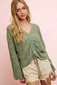 BiBi Pointelle Knit V Neck Ruched Front Lightweight Top 100100962711230 42 Affordable Fashion Under $100 Jerry's Apparel 