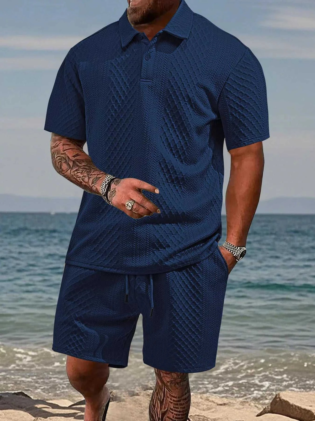 Men's Full Size Textured Knit Polo Shirt & Shorts Set Plus Size 100400756027156 37 Affordable Fashion Under $100 Jerry's Apparel 