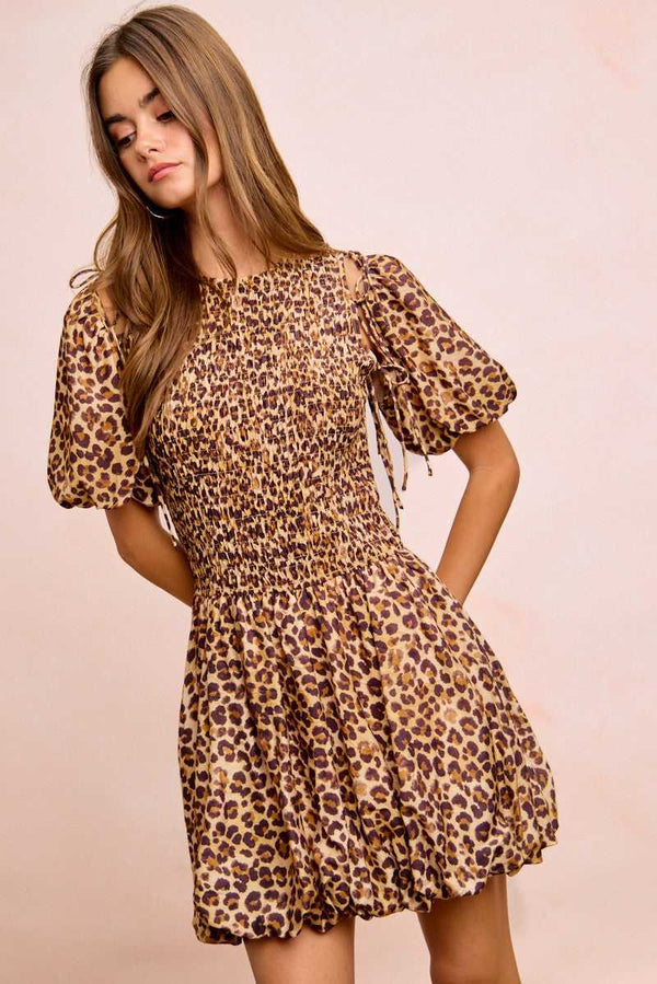 BiBi Leopard Bow Tie Attachable Puff Sleeves Dress 100100826881615 62 Affordable Fashion Under $100 Jerry's Apparel 
