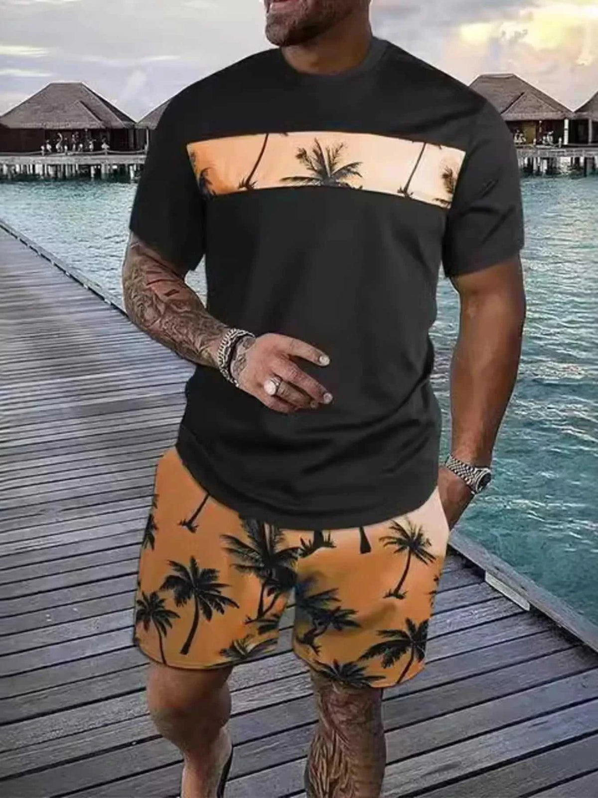 Men's Full Size Tropical Palm Tree Tee and Shorts Set Plus Size 100400554802541 22 Men's Sets Jerry's Apparel 