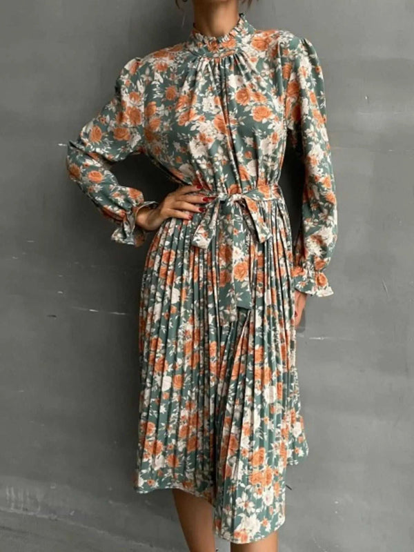 Floral Print Long Sleeve Pleated Midi Dress 100100269493915 46 Women's Midi Dress Affordable Boutique Dresses Under $50 Jerry's Apparel 